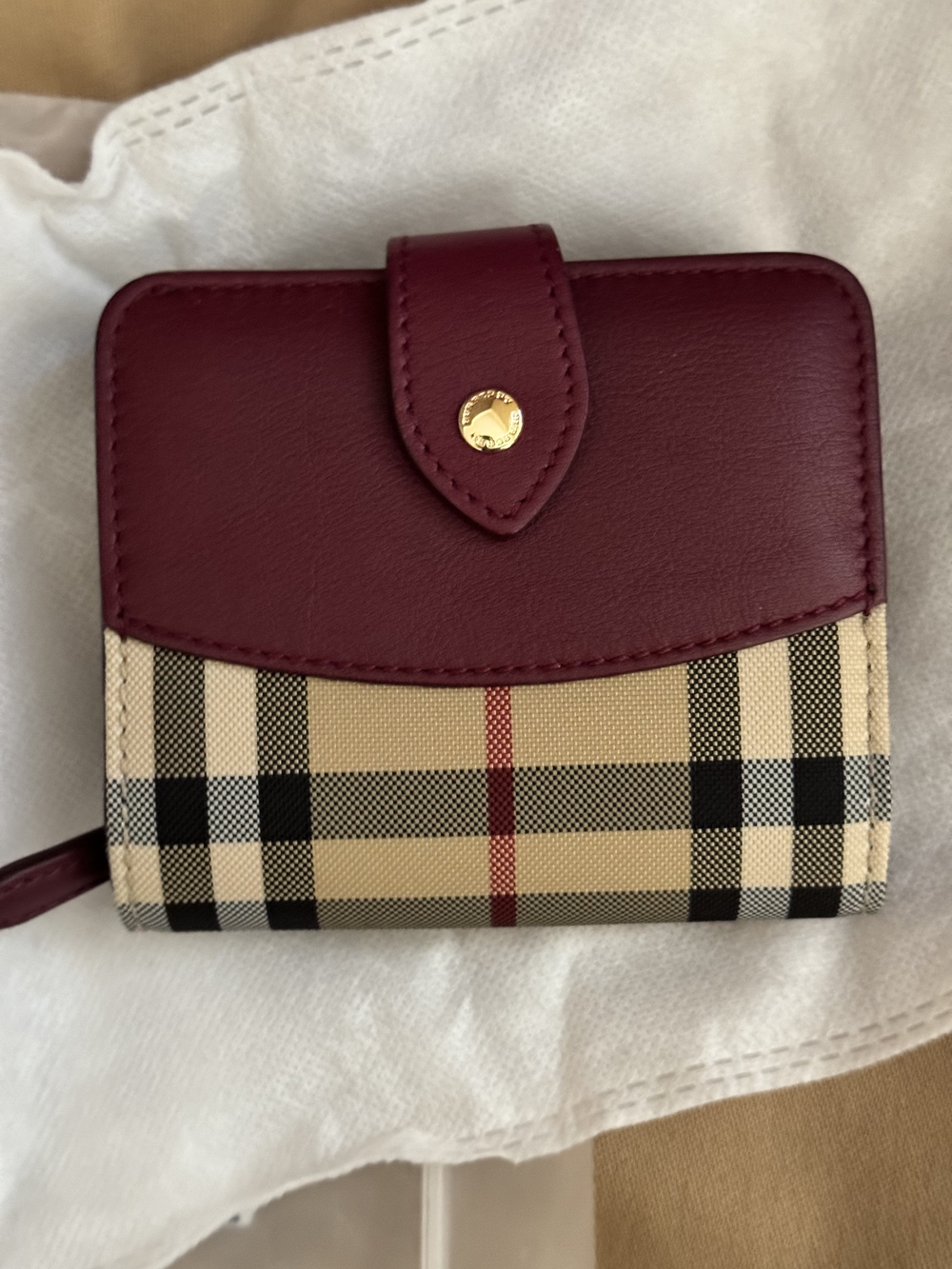 Burgundy  Burberry Plaid Compact Wallet - Designer Women’s Wallet